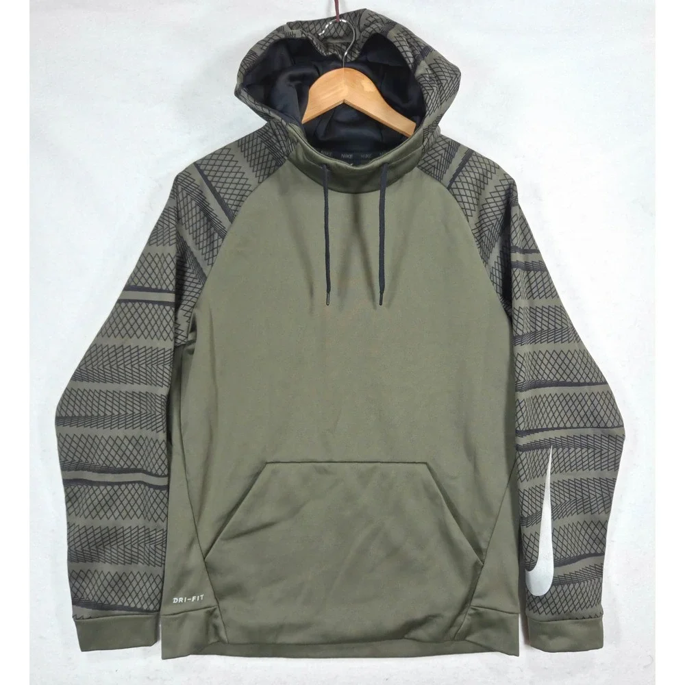 Nike Dri-FIT Mens Hoodie Olive Green Geometric Graphic Pullover Sweatshirt M